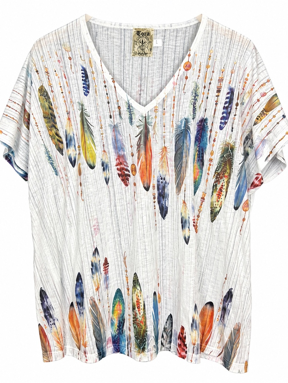 Vocal White V-Neck Feather Print Short Sleeve Top